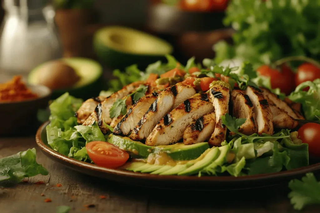 Delicious grilled chicken wraps served on a rustic plate with fresh vegetables, avocado, and creamy dressing, styled in a cozy kitchen setting