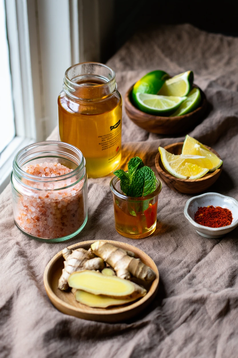 Various ingredients for customizing pink salt ginger honey water arranged on linen cloth
