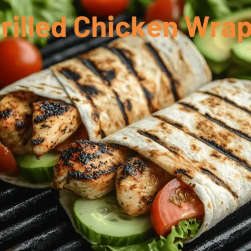 A plate of grilled chicken wraps with fresh vegetables, served in a rustic kitchen setting, showcasing a healthy and delicious meal option