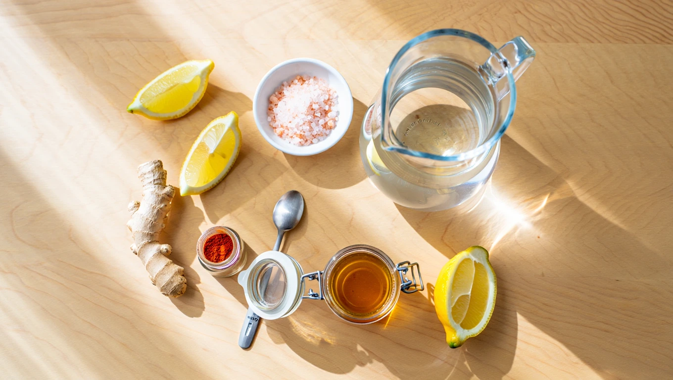 Flat-lay of ingredients and tools for making pink salt lemon water in kitchen