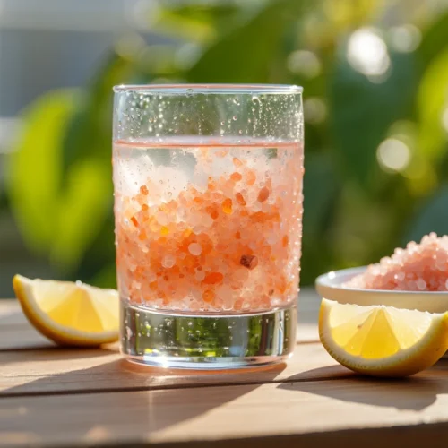 Glass of pink salt lemon water with Himalayan salt and lemon wedges in sunny natural setting