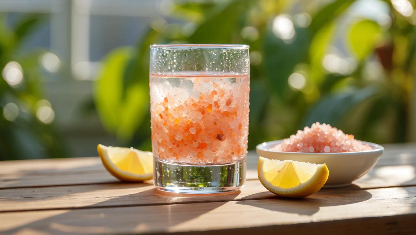 Glass of pink salt lemon water with Himalayan salt and lemon wedges in sunny natural setting