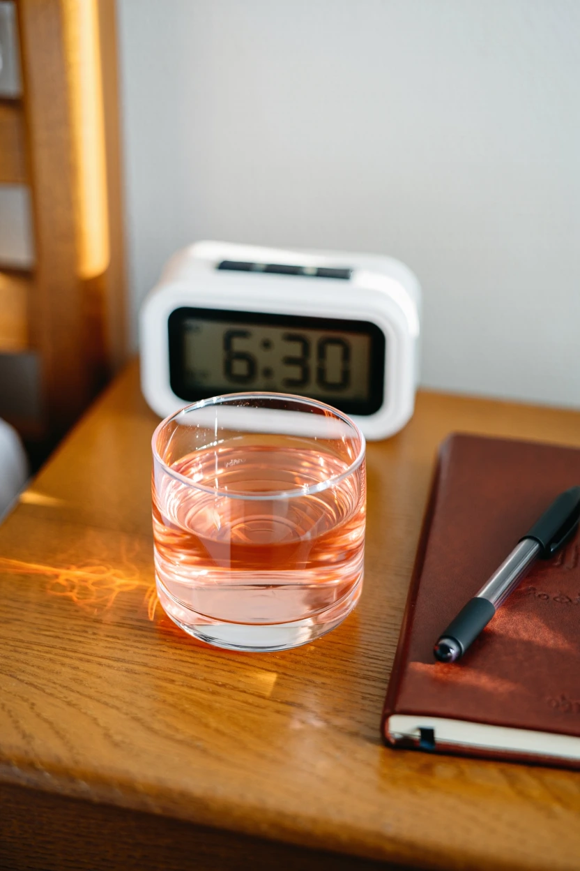 Morning glass of pink salt ginger honey water on bedside table at sunrise