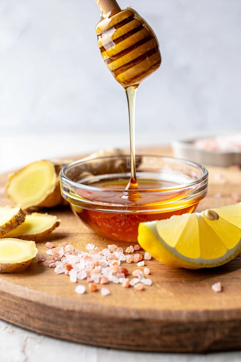 Close-up of pink Himalayan salt, fresh ginger, raw honey, and lemon on rustic board