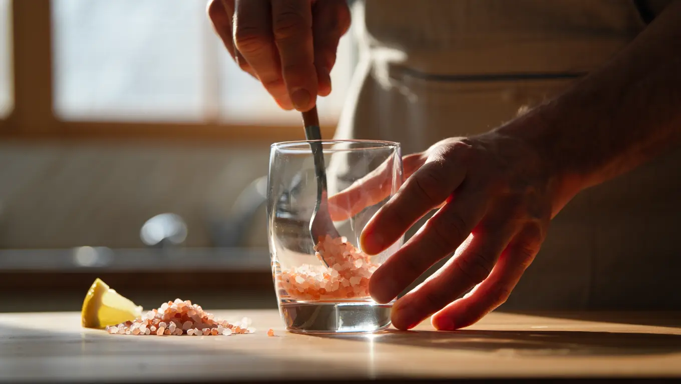 Hands stirring pink salt into warm water with lemon on wooden counter