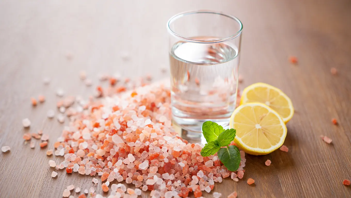 Himalayan pink salt crystals with lemon and glass of water on wood