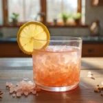 Glass of warm pink salt water recipe with lemon on rustic table in morning light