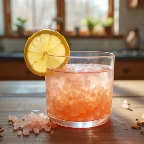 Glass of warm pink salt water recipe with lemon on rustic table in morning light