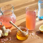 Pitcher and glass of pink salt ginger honey water with ingredients on a wooden kitchen table