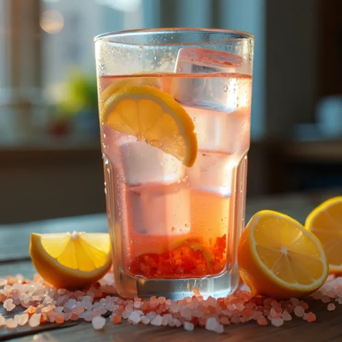 Glass of pink salt lemon water with fresh lemons and Himalayan salt crystals on rustic table