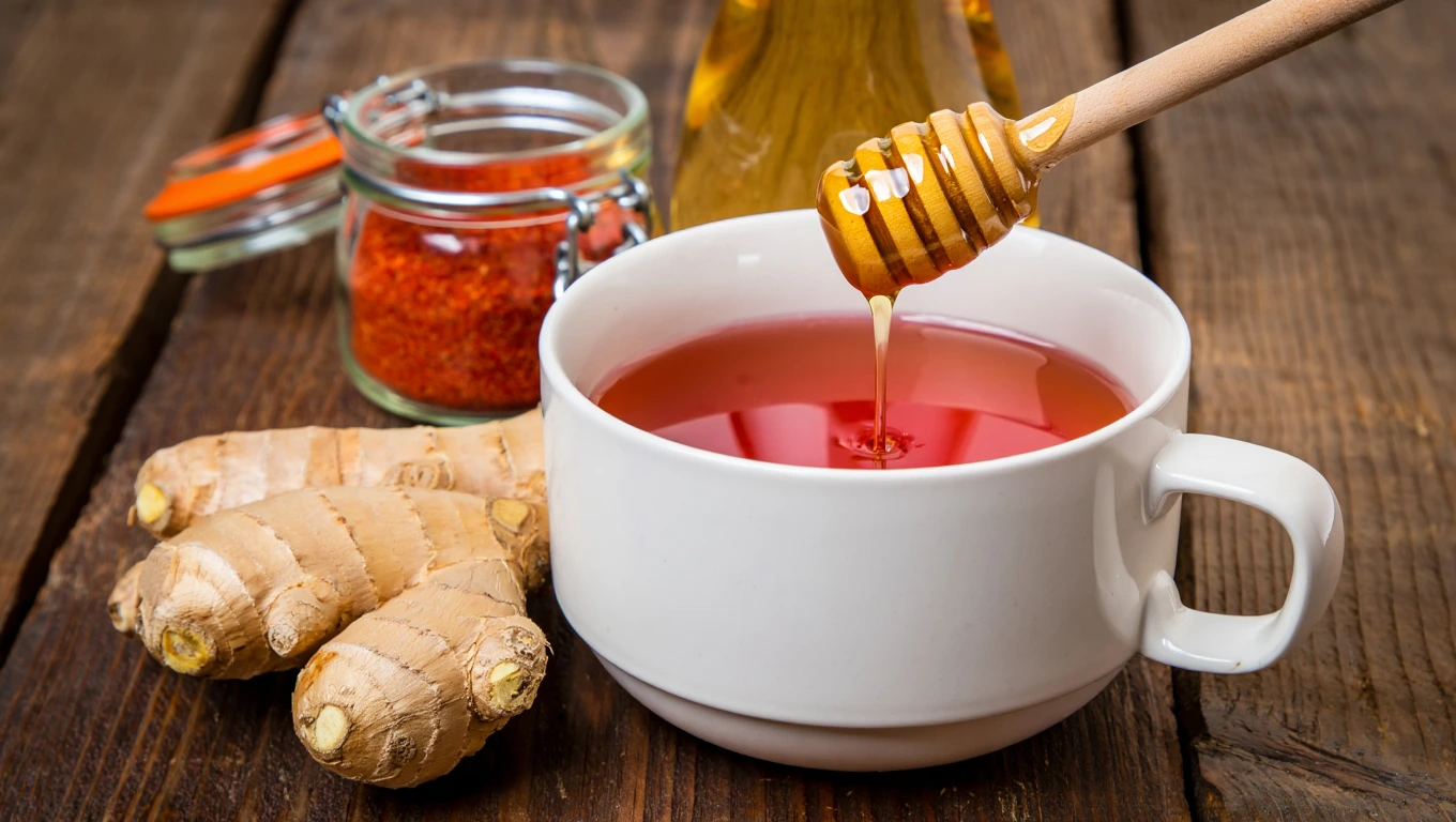 Warm cup of pink salt lemon water surrounded by honey, ginger, cayenne, and apple cider vinegar
