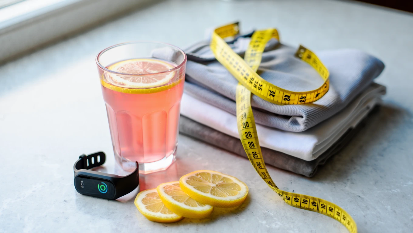 Glass of pink salt lemon water with fitness gear and lemon slices on bright countertop