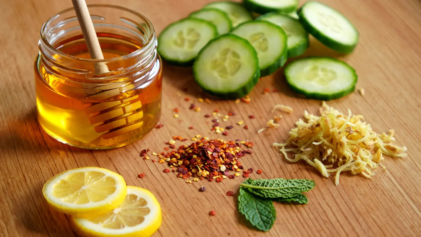 Healthy pink salt water ingredients including lemon, honey, cayenne, ginger, mint, and cucumber
