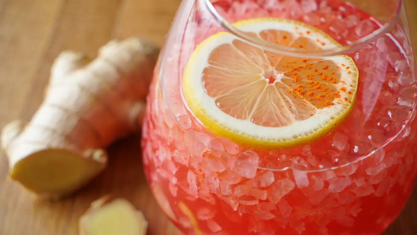 Glass of pink salt water with lemon, honey, cayenne, and fresh ginger nearby