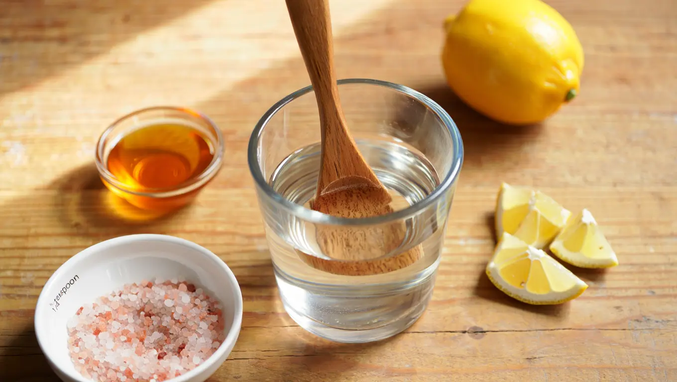 Step-by-step making pink salt water with warm water and pink salt on kitchen counter