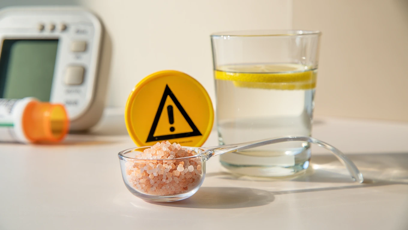 Measuring spoon with pink salt, lemon water glass, and warning symbol with medical items nearby