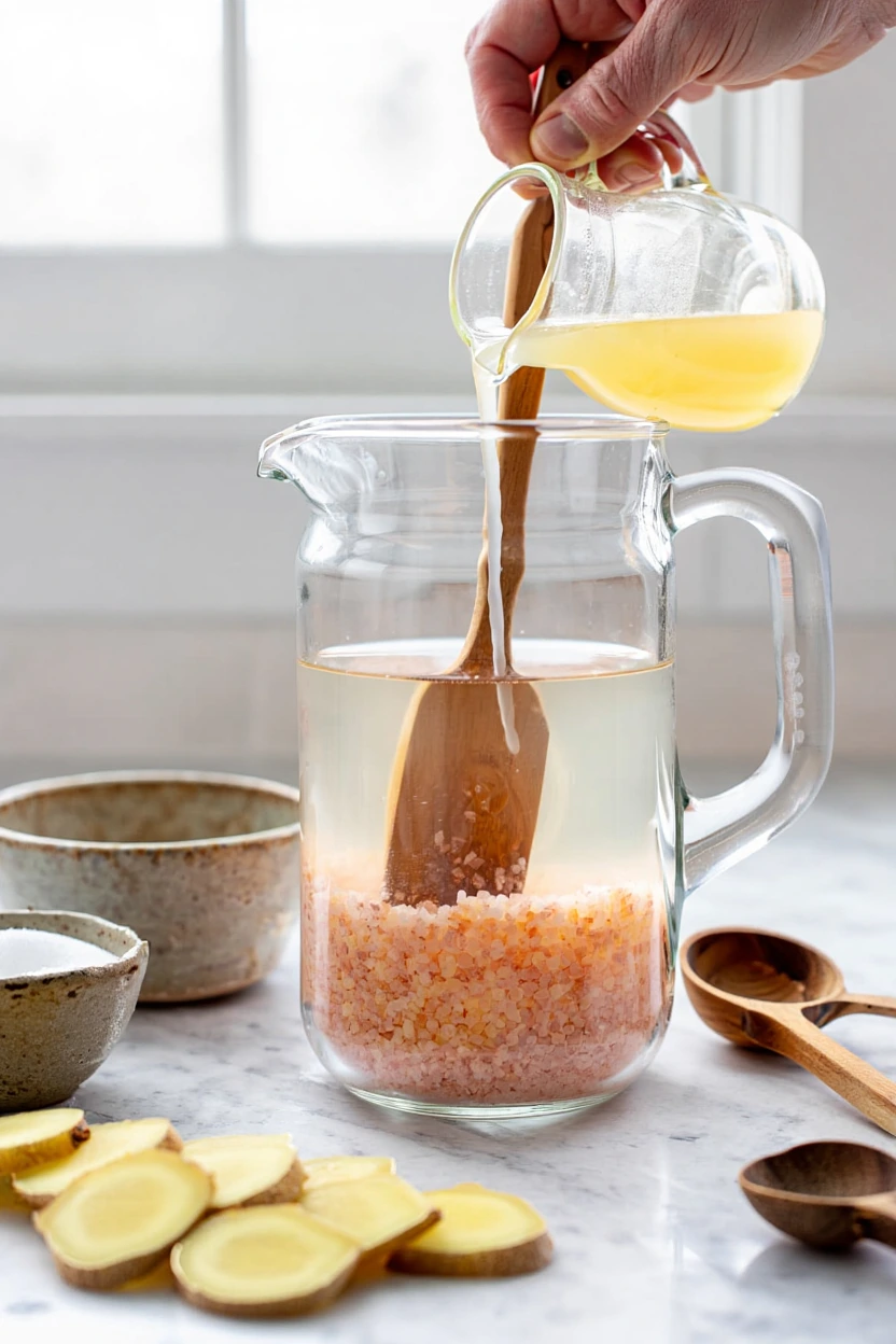 Step-by-step preparation of pink salt ginger honey water with ingredients on kitchen counter