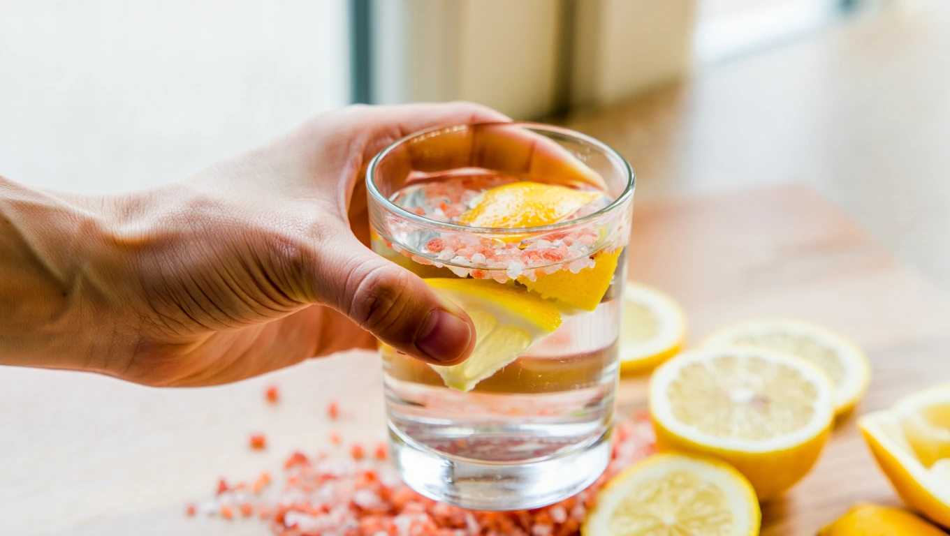 Hand holding glass of lemon water with pink Himalayan salt and fresh lemons in background