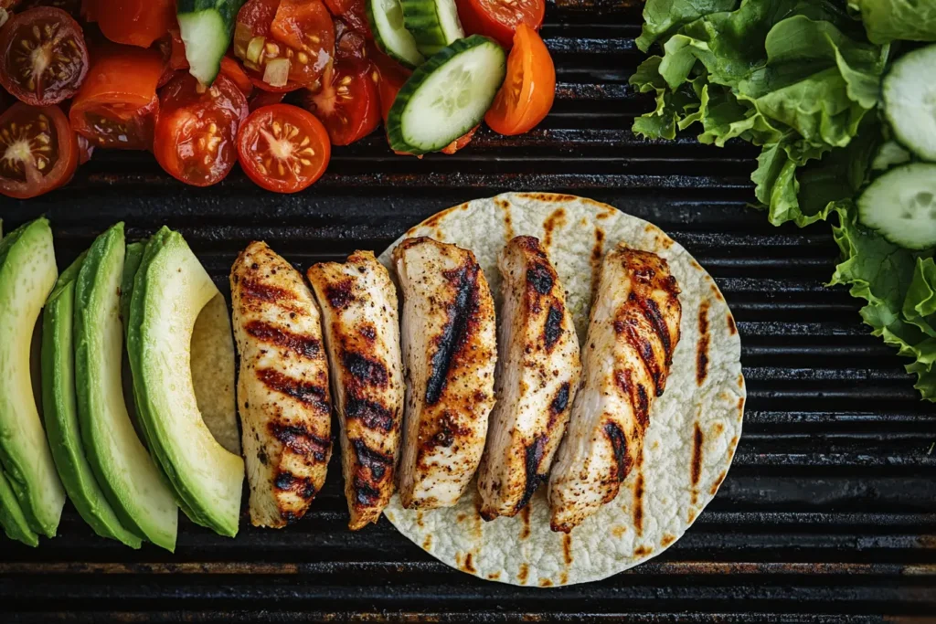 Close-up of the perfect grilled chicken wraps served with fresh vegetables and a creamy yogurt sauce